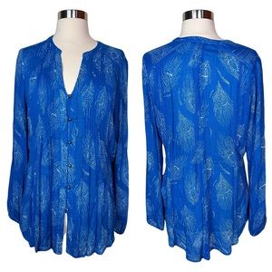 Lucky Brand Boho Peasant Style Long Sleeve Printed Casual Blue White Blouse Top